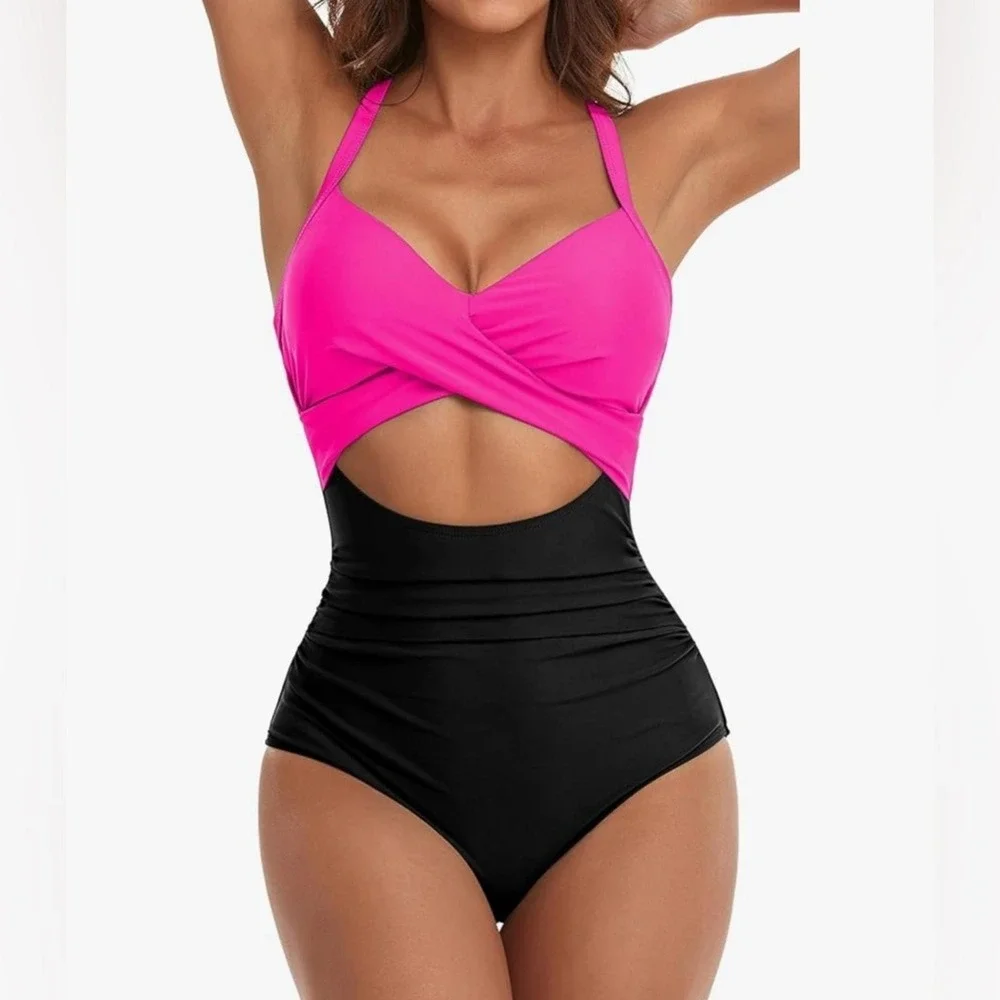 NWT Eomenie Size S Pink Tummy Control High Waist Cutout One‎ Piece Swimsuit